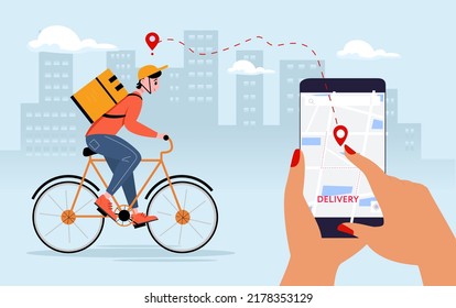 Entrega rápida. El mensajero monta una bicicleta con un pedido. Concepto de entrega en línea, seguimiento de pedidos en línea, entrega en casa y oficina. Corredor de bicicleta, dibujos animados, ilustración vectorial