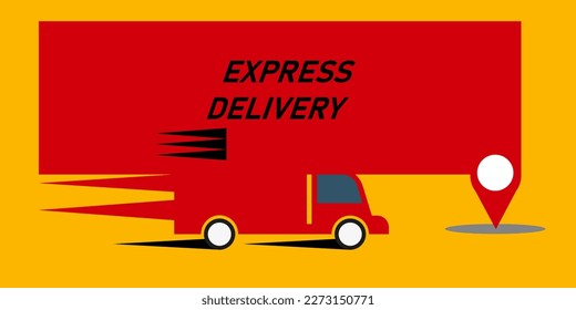 Express delivery design. A red car on a bright yellow background is in a hurry to deliver the goods to the address. Flat vector illustration. eps10.