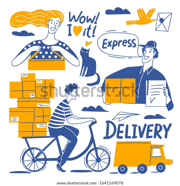 Express delivery doodle hand drawn style \
infographic design vector set. Good for motivational best delivery\
company poster