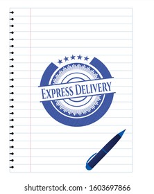 Express Delivery drawn with pen strokes. Blue ink. Vector Illustration. Detailed.