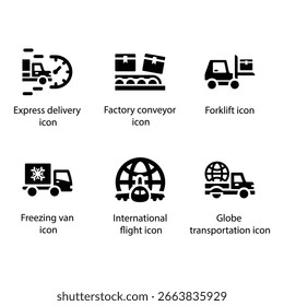 Express delivery, Factory conveyor, Forklift, Freezing van, International flight, Globe transportation, icon