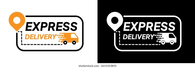 Express delivery. Fast delivery. Free shipping. Shipping expedition. Package delivery. One day shipping. Pin map and van icon. Flat design vector illustration.	