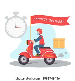Express Delivery. A fast scooter with a flag and a box is riding. Stopwatch image. Vector illustration.