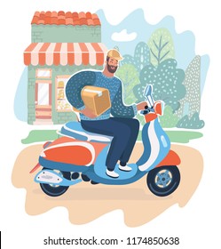 Express delivery, fast shipment concept. Happy courier man holding box and riding scooter-motorbike or moped. He is driving on the street. Vector cartoon illustration in modern concept