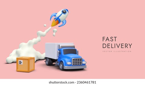 Express delivery, fast transportation. 3D truck, box, launching rocket. Concept with place for text. Advertising of carrier company. Template for web design