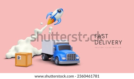Express delivery, fast transportation. 3D truck, box, launching rocket. Concept with place for text. Advertising of carrier company. Template for web design