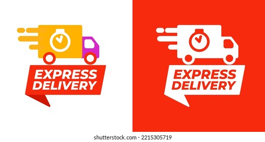 Express delivery fast truck icon sign. Isolated on white and red background.