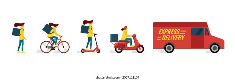 Express delivery female courier service concept set. Online fast logistic woman on bicycle, electric scooter, moped, cargo van and walk on foot with orders parcel box and backpack. Vector llustration