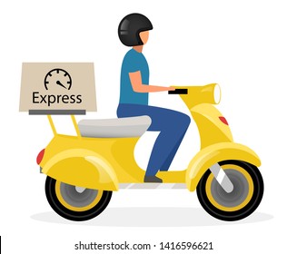 Express delivery flat vector illustration. Courier riding yellow scooter with parcel cartoon character isolated on white background. Deliveryman driving motorcycle, motorbike. Shipping service concept