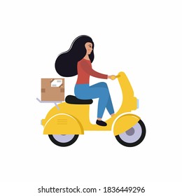 Expresslieferung von Nahrungsbestellungen, Postsendungen rund um die Stadt auf einem Roller. Ein Liefermädchen fährt mit einem Paket auf einem Moped. Weibliche Vektorflachfigur für den Zustelldienst.