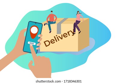 Express delivery.The hand makes an order through the Express delivery app.Vector illustration.