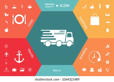 Express delivery icon. Delivery car with an inscription Free shipping.