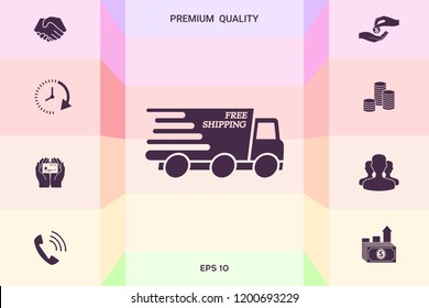 Express delivery icon. Delivery car with an inscription Free shipping.