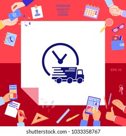 Express delivery icon. Delivery car with watch