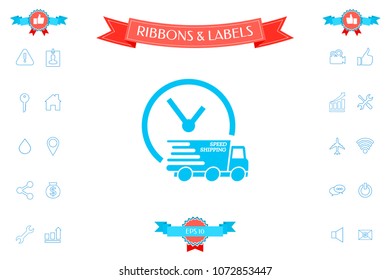Express delivery icon. Delivery car with watch