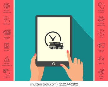 Express delivery icon. Delivery car with watch