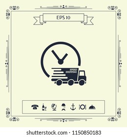 Express delivery icon. Delivery car with watch