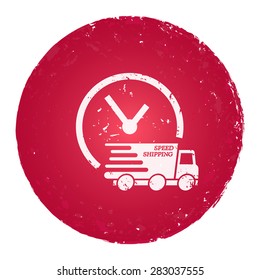 Express delivery icon. Delivery car with watch. Grunge style stamp.