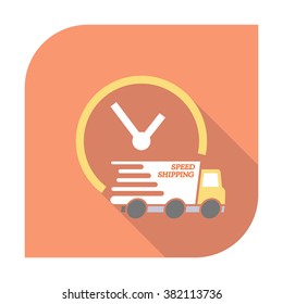 Express delivery icon. Delivery car with watch. Modern flat icon with long shadow effect in stylish colors. Isolated on white background.