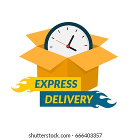 Express delivery icon. Cardboard box with clock. Vector illustration, flat design.