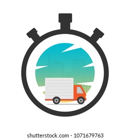Express delivery icon concept. Stop watch with truck and city background for service, order, fast, free and worldwide shipping. Modern design vector illustration.
