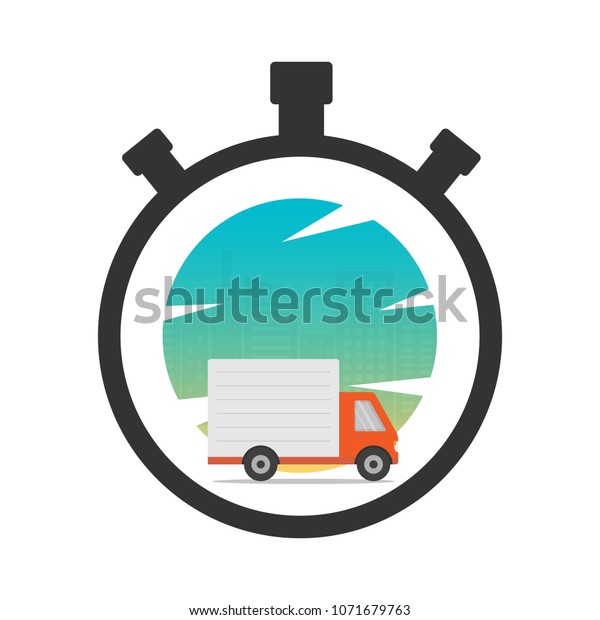 Express delivery icon\
concept. Stop watch with truck and city background for service,\
order, fast, free and worldwide shipping. Modern design vector\
illustration.
