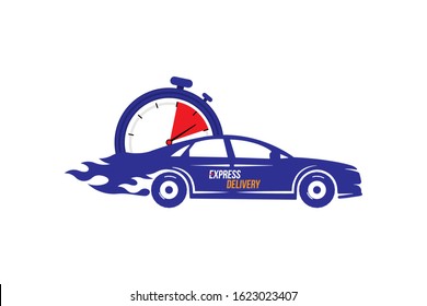 Express delivery icon. Fast shipping with automobile silhouette and timer with inscription on white background. Flat vector illustration EPS10