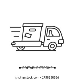 Express delivery icon. Line pictogram of fast courier truck with post box. Concept of same day safe delivery and logistic service in corona virus retail lockdown. Editable stroke vector illustration