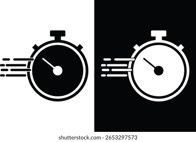 Ícone de entrega expresso em preto-e-branco. Sinais rápidos . ícone de cronômetro em um fundo preto e branco ilustração vetor.

