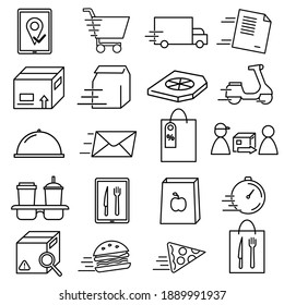 Juego de iconos de entrega rápida. Envío rápido de paquetes de pictogramas. Velocidad de envío de la ilusión del pedido. Vector eps10. Grupo de iconos simples.