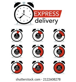Express delivery icon set for website or app. Clock with express delivery inscription. Stopwatch or timer with a fixed delivery time in minutes.