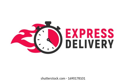 Express delivery icon with stopwatch and fire. Delivery logo, poster template. Timer icon. Fast shipping concept. Vector illustration