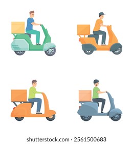 Express delivery icons set cartoon vector. Delivery man riding on scooter. Shipping concept