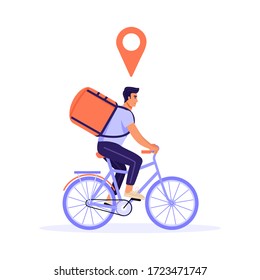Express delivery illustration. Man courier riding bicycle with parcel and a red GPS dot. Vector on white background.