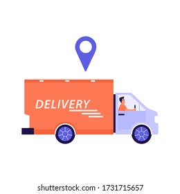 Express delivery illustration. Man courier riding van with parcels and a red GPS dot. Vector on white background.