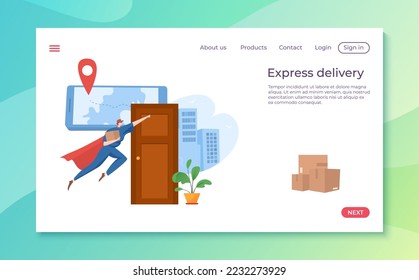 Express-Lieferung Internet-Landung, Online-Website-Mail-Zustellung, Bestellung Postman Loader Vorlage flach Vektorgrafik.
