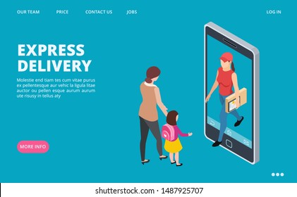 Express delivery isometric. Vector fast delivery landing page template. Courier, woman and little girl