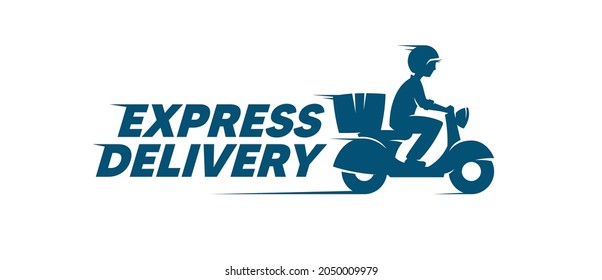 Express delivery label. Courier boy riding motor bike. Vector logo - Shutterstock ID 2050009979