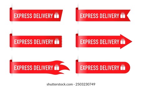 Express delivery label design sale promotion collection. Red ribbons, tags and stickers. Free delivery shipping transport sign vector. Vector illustration