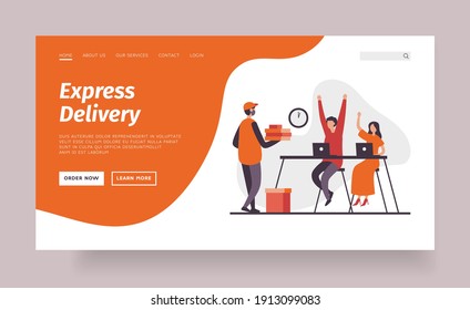 Express delivery. Landing page banner template. Flat vector illustration of cartoon employees at table with laptops greeting happily delivery man bringing food at lunch time into office