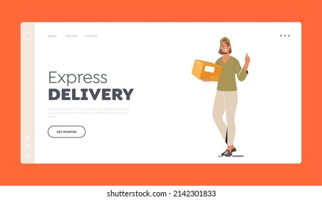 Plantilla de la página de inicio de entrega rápida. Personaje femenino joven de nutrir con uniforme lleva caja de cartón al cliente. Chica del Servicio de Entrega con Parcel Apresúrate a Cliente. Ilustración de vectores de personas de caricatura
