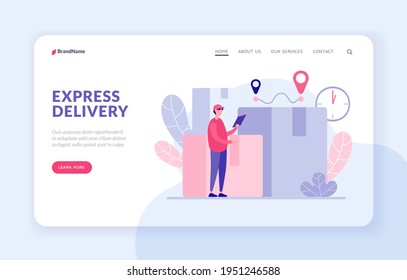 Express delivery landing page website banner template. Courier looks delivery route concept. Male character with tablet calculates time and number of customer orders