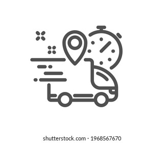 Express delivery line icon. Courier truck location sign. Order delivery symbol. Quality design element. Linear style express delivery icon. Editable stroke. Vector