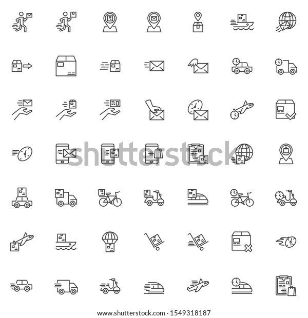 Express delivery line icons set. Fast shipping
linear style symbols collection, outline signs pack. vector
graphics. Set includes icons as  Courier, Parcel tracking, Package
box,  Delivery Scooter