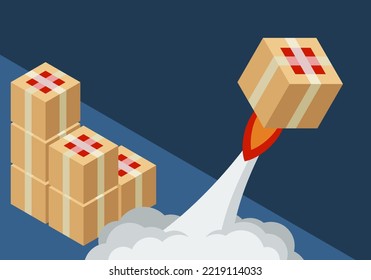 Express delivery - logistics service. Launching parcel box as a spaceship. Vector illustration