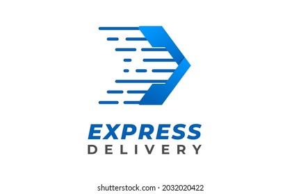 Express delivery logo. Modern blue arrow shape with striped lines. Isolated on white background. Usable for logistic, delivery, and business services logo.
