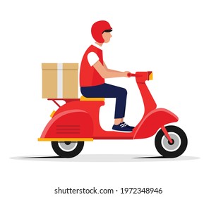 
Express delivery. Male courier riding red retro scooter with delivery paper box. Isolated on white background. Flat style vector illustration. Delivery service, online order or food delivery. 