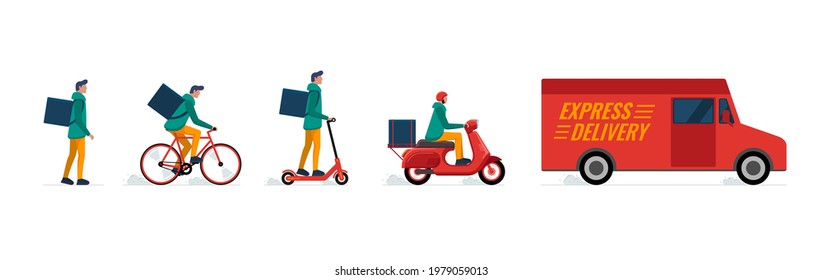 Express delivery male courier service concept set. Online fast logistic man on bicycle, electric scooter, moped, cargo van and walk on foot with orders parcel box and backpack. Vector illustration