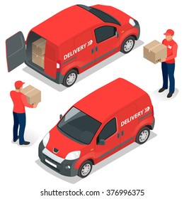 Express Delivery, delivery man. Flat 3d vector isometric illustration. Isometric car. Delivery car.