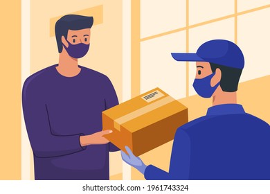 Express Delivery Man Wear Face Mask and Gloves Give Online Shop Package for Customer at Home Door. 